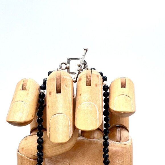 Sterling Silver Faceted Onyx Bead Necklace Oval Coin Pearls Toggle Latch 925 18" - Picture 7 of 7